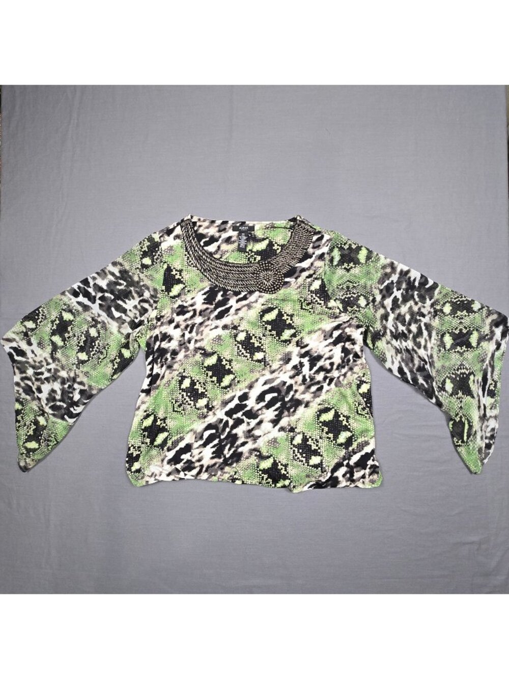 Alfani Woman OX Blouse Green/Black Animal Print Embellished Neck Stretchy Top